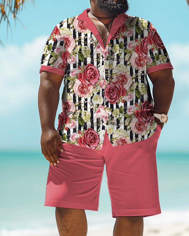 Men's Plus Size Casual Patchwork Floral Print Short Sleeve Shirt Shorts Set