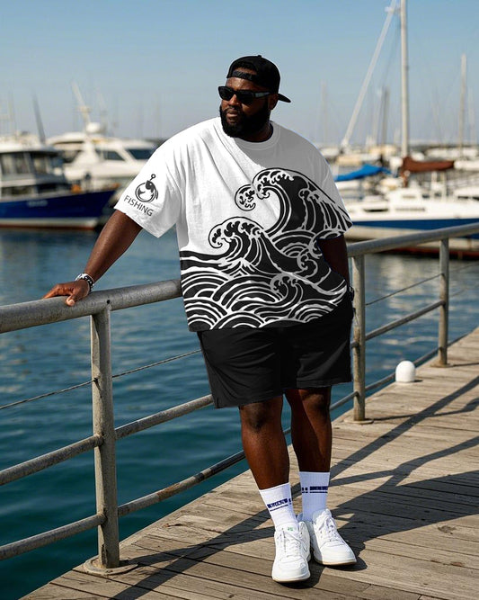 Men's Plus Size Casual Lazy Wave Fishing Logo Print T-Shirt Shorts Suit