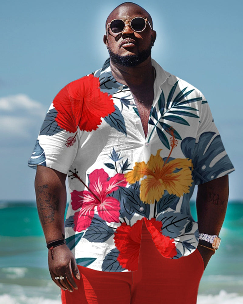 Men's Plus Size Hawaiian Plant Print Short Sleeve Shirt Trousers Suit