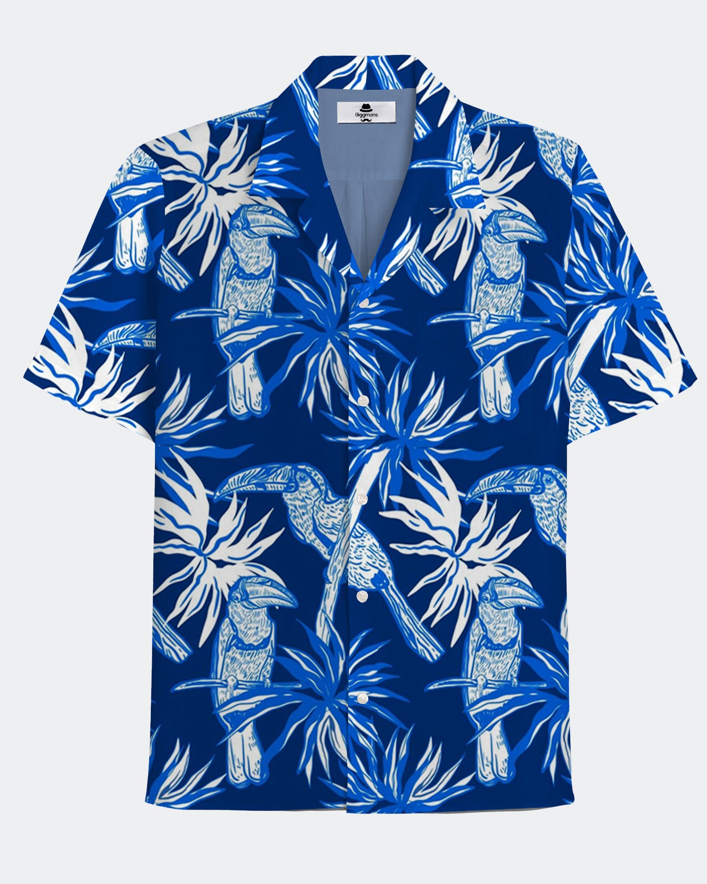 Hawaiian Casual Blue Flower And Bird Pattern Men's Plus Size Cuban Collar Short Sleeve Shirt