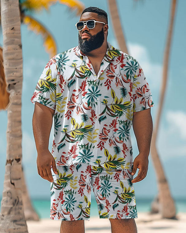 Men's Plus Size Hawaiian Plant Print Shirt Shorts Suit