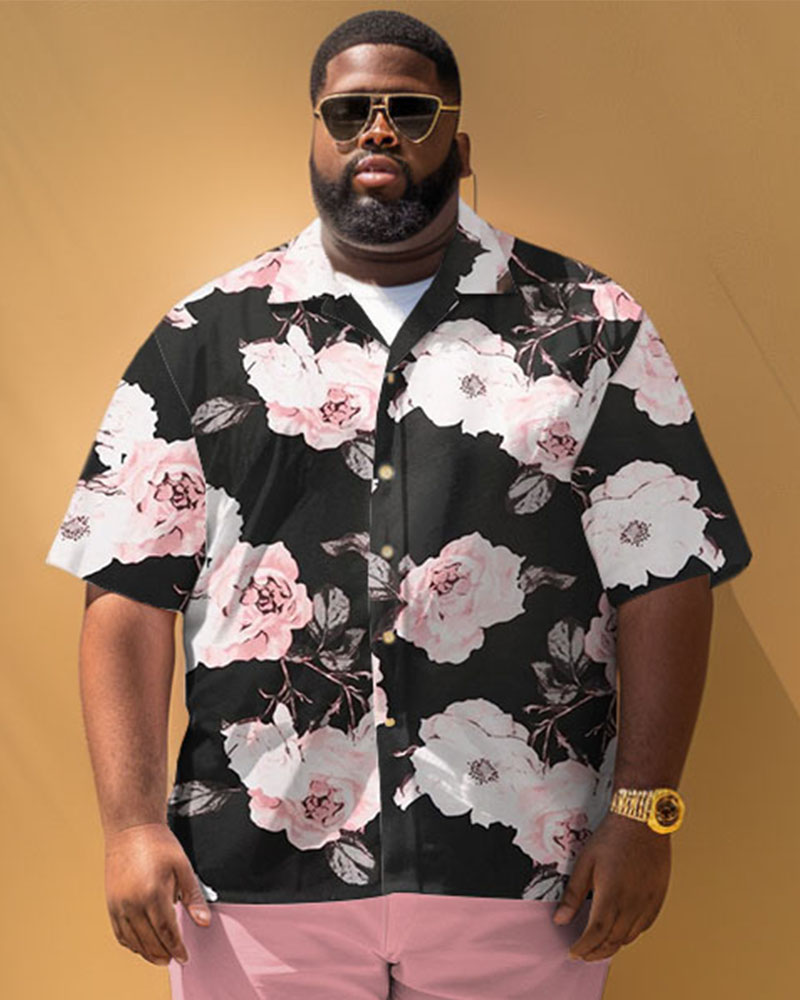 Men's Plus Size Casual Simple Floral Print Short Sleeve Shirt Shorts Suit