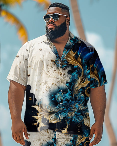 Men's Plus Size Three-dimensional Blue Flowers Short Sleeve Shirt Shorts Suit