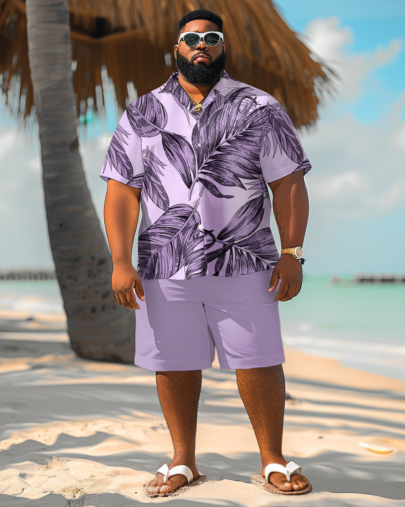 Big Men Hawaiian Plant Print Purple Shirt Shorts Set