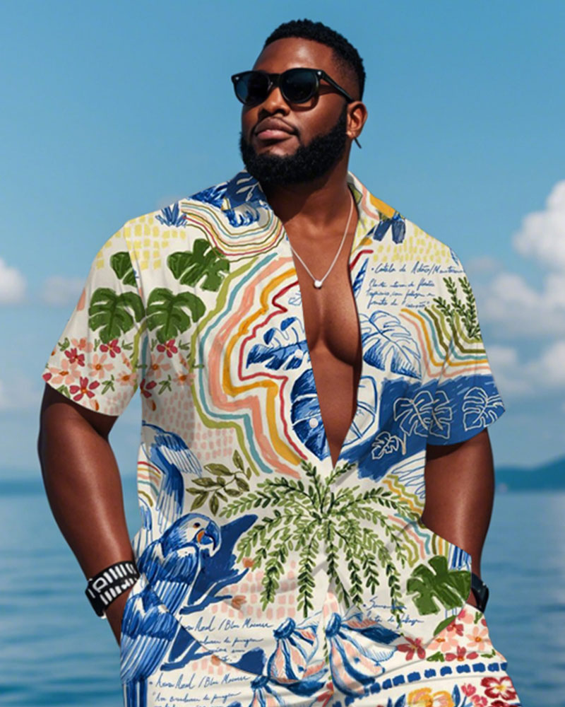 Men's Plus Size Hawaiian Tropical Graffiti Print Shirt Shorts Suit