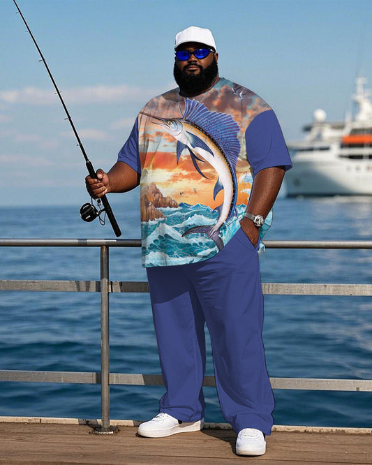 Men's Plus Size Sailfish Diving Print T-shirt Trousers Suit