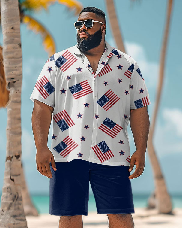 Men's Plus Size Summer Independence Day Flag Print Shirt Shorts Set