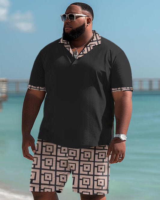 Men's Plus Size Casual Simple Geometric Print Polo Shorts Set