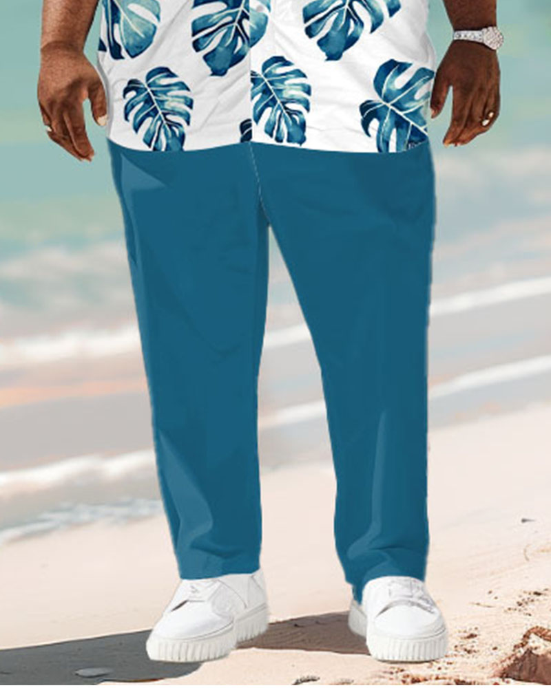 Men's Plus Size Hawaiian Turtle Leaf Print Short Sleeve Shirt Trousers Suit