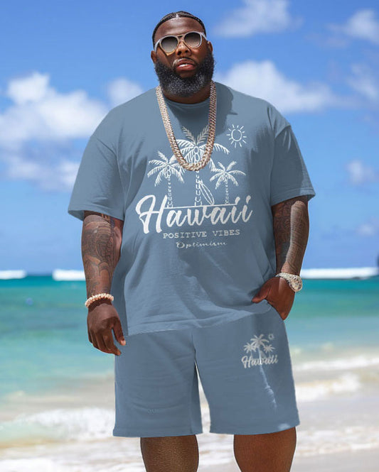 Men's Plus Size Hawaiian Coconut Tree Alphabet Print T-Shirt Shorts Suit