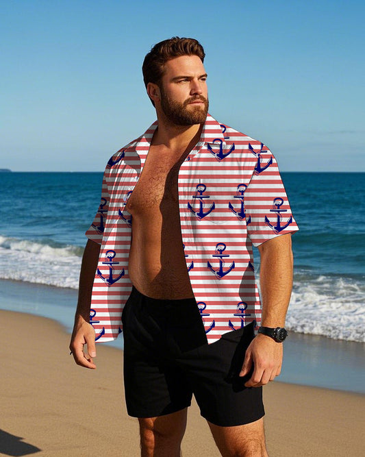 Men's Plus Size Hawaiian Sailing Anchor Red Stripes Short Sleeve Shirt