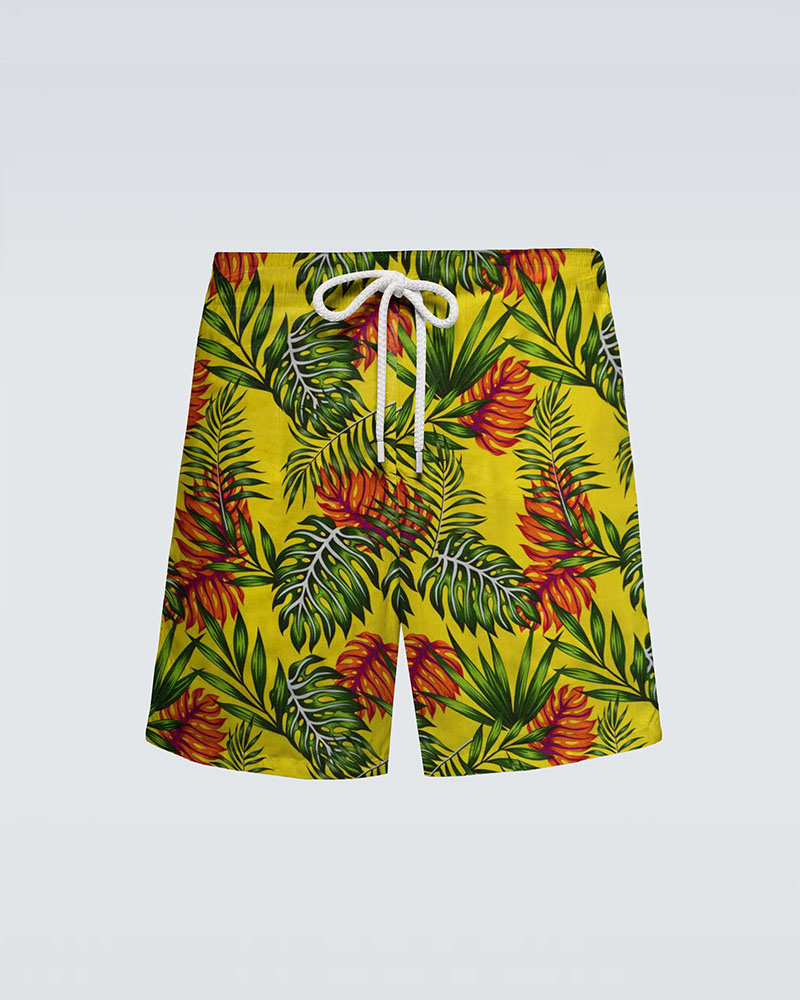 Hawaiian Yellow & Plant Big Leaf Print Beach Quick-drying Trunks Swimming Trunks Plus Size Men