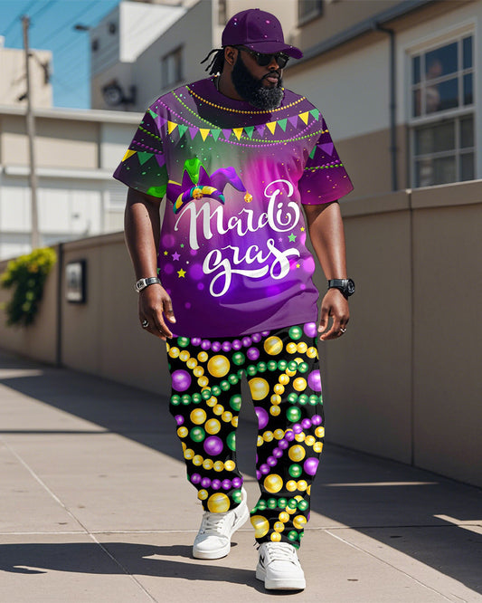 Men's Plus Size Orleans Mardi Gras Purple Bunting Print T-Shirt Trousers Suit