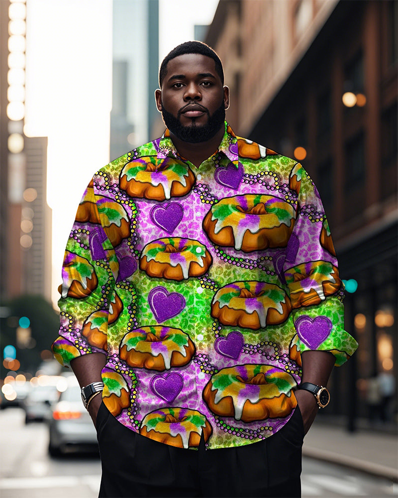 Men's Plus Size Carnival Donut Print Long Sleeve Shirt