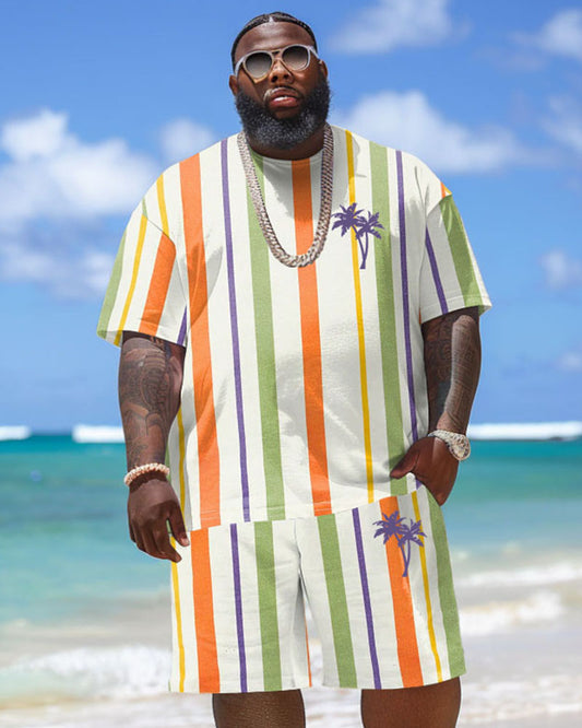 Men's Plus Size Hawaiian Striped Coconut Tree Print T-Shirt Shorts Suit