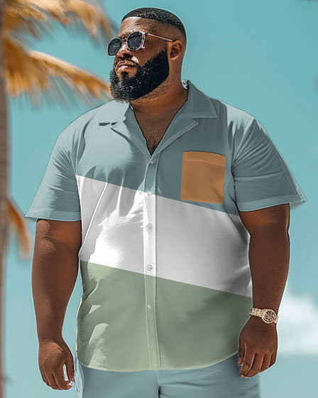 Men's Plus Size Hawaiian Colorblock Print Shirt Shorts Suit