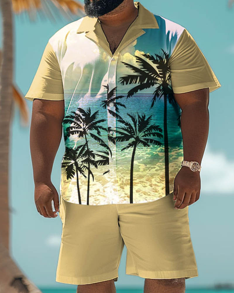 Men's Plus Size Beach Print Series Short Sleeve Shirt Shorts Suit