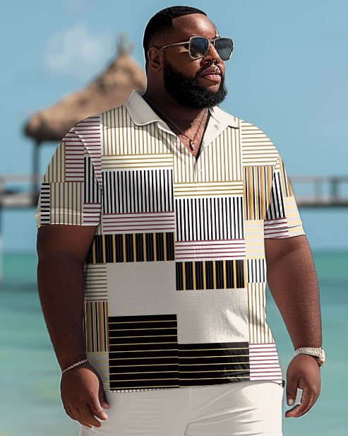 Men's Plus Size Casual Simple Geometric Print Polo Shorts Suit