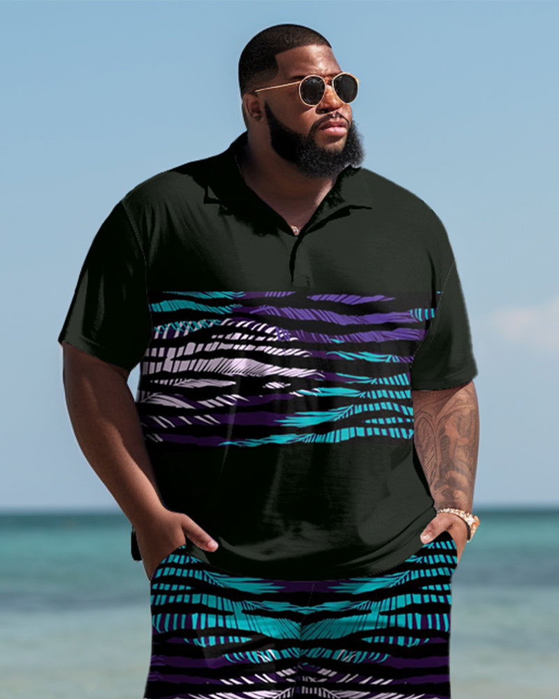 Hawaiian Leaf Striped Polo Shirt and Shorts Two-Piece Men's Plus Size Set