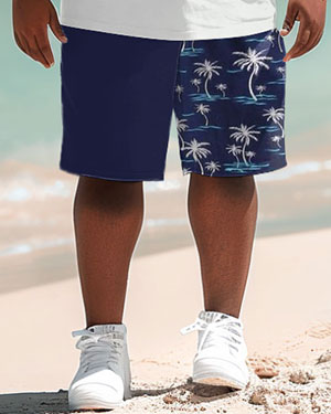 Hawaiian Simple Striped Leaf Print Shorts Men's Plus Size Suit