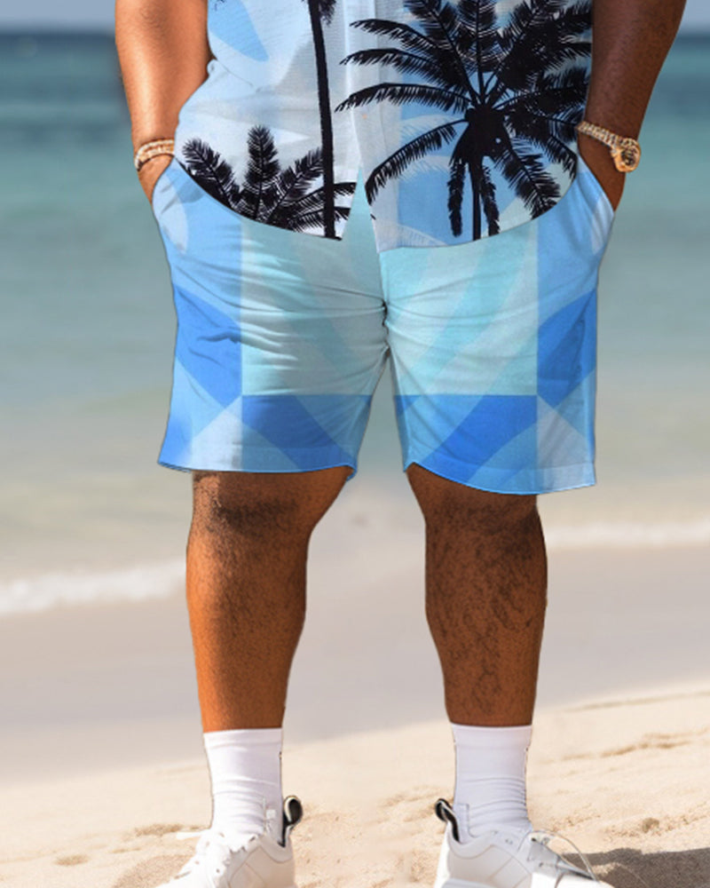 Men's Plus Size Hawaiian Hierarchy Geometric Plant Print Shirt Shorts Suit