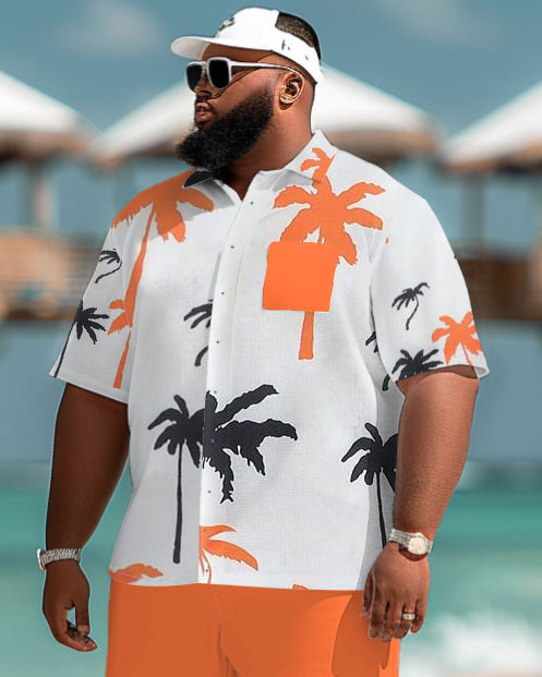 Men's Plus Size Hawaiian Coconut Tree Print Pocket Short Sleeve Shirt Shorts Set