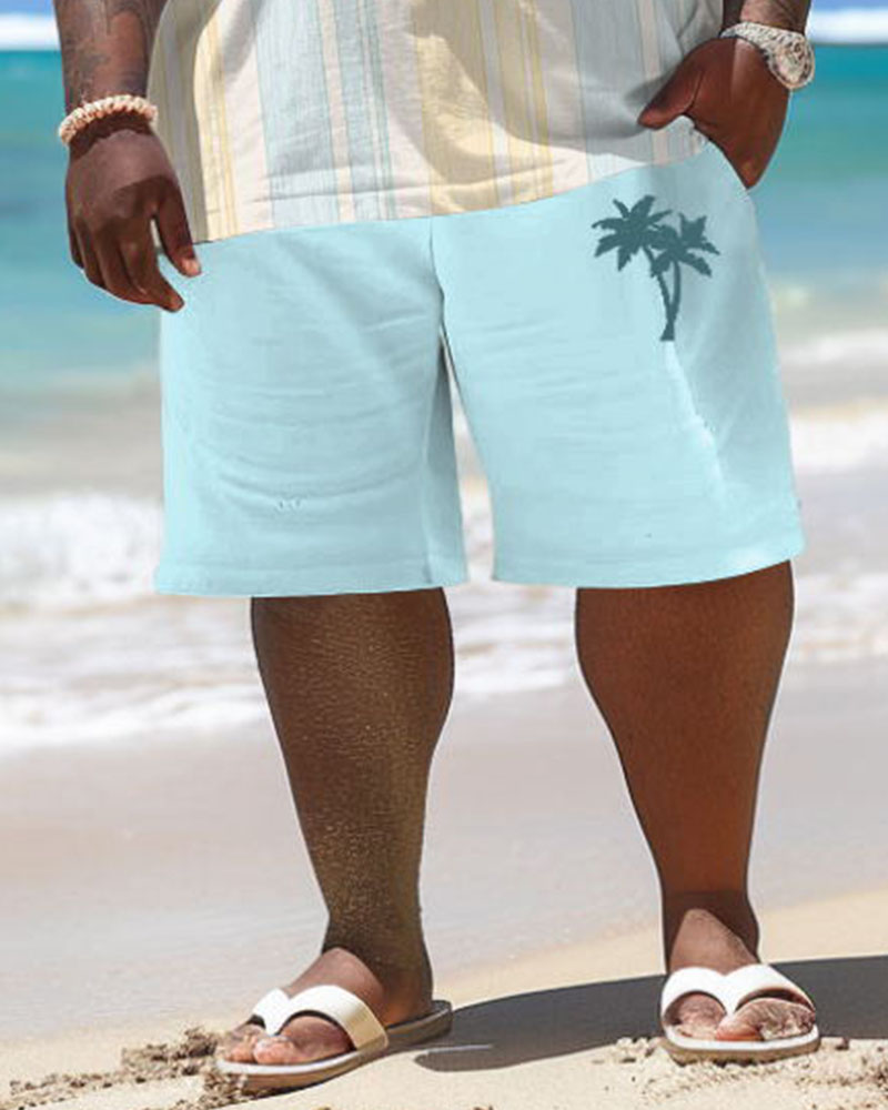 Men's Big and Tall Hawaiian Striped Coconut Tree Print T-Shirt Shorts Set