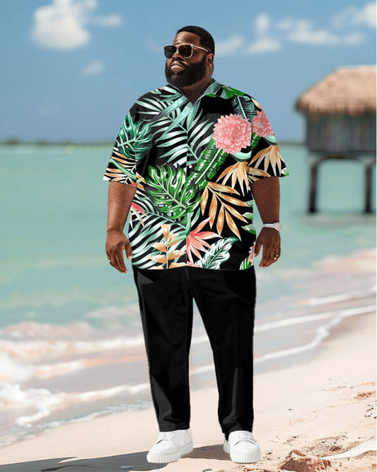 Men's Plus Size Hawaiian Coconut Floral Print Short Sleeve Shirt Trousers Suit