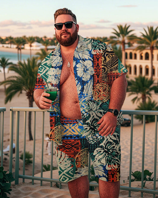 Men's Plus Size Hawaiian Colorful Tribal Floral Print Shirt Shorts Suit