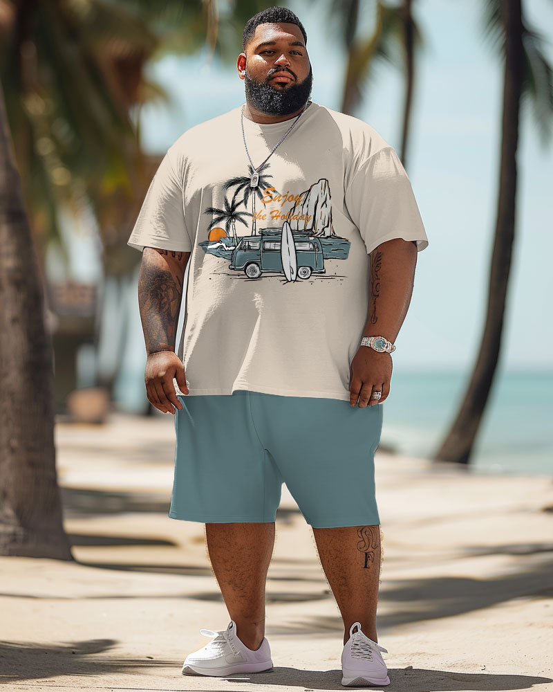 Men's Plus Size Hawaiian Coconut Trolley Alphabet Print T-Shirt Shorts Suit