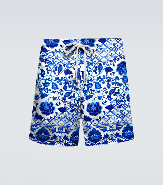 Plus Size Men's Blue Baroque Print Beach Quick-drying Trunks Swimming Trunks