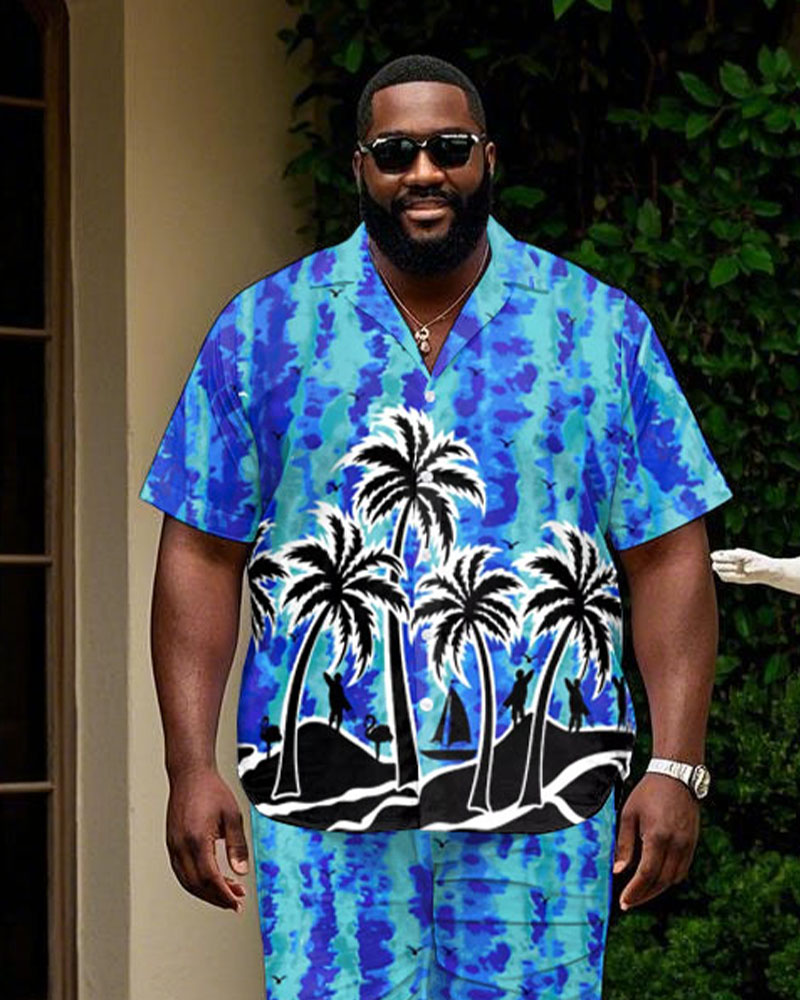 Hawaiian Blue Ocean Heart Coconut Tree Print Cuban Nare Short Sleeve Shirt Shorts Suit Men's Plus Size