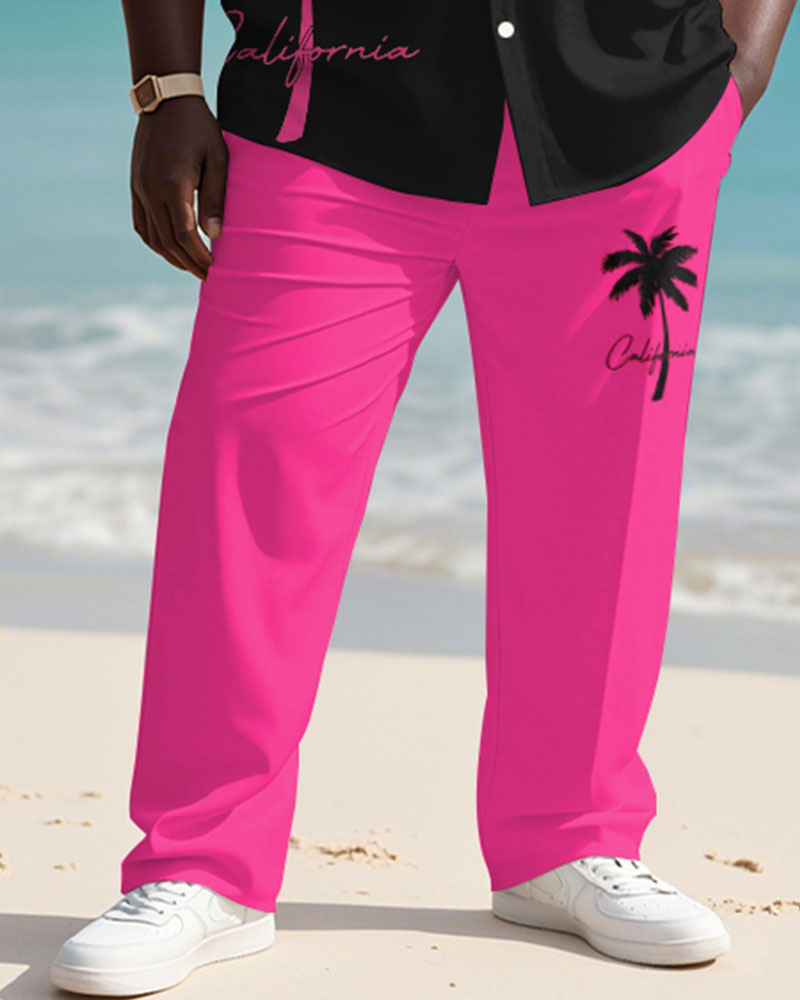 Men's Plus Size Hawaiian Coconut Tree Pink Letter Print Long Sleeve Shirt Trousers Suit