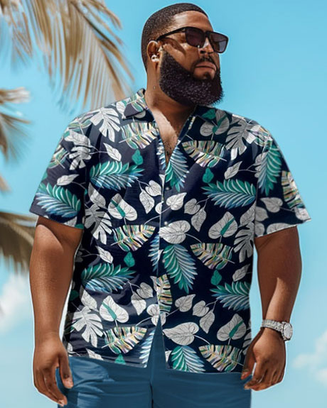 Men's Plus Size Hawaiian Tropical Leaf Print Shirt Shorts Suit