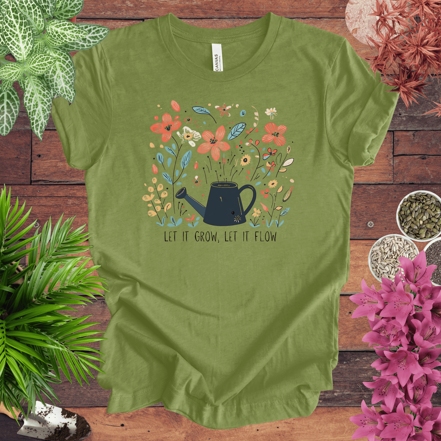 Whimsical Watering Can and Flowers T-Shirt