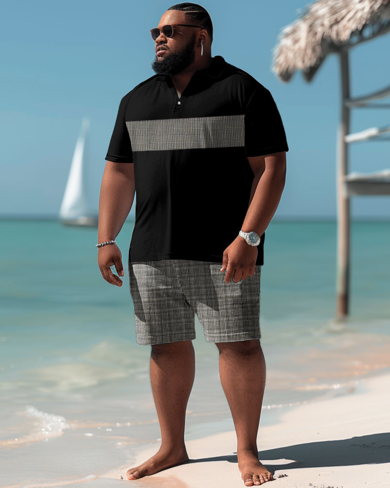 Men's Plus Size Casual Simple Stitching Plaid Print Polo Shorts Set