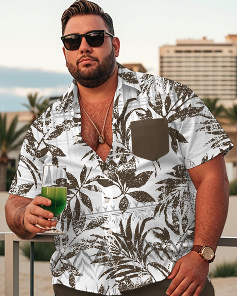 Men's Plus Size Hawaiian Tropical Palm Leaf Geometric Green Print Shirt Shorts Suit