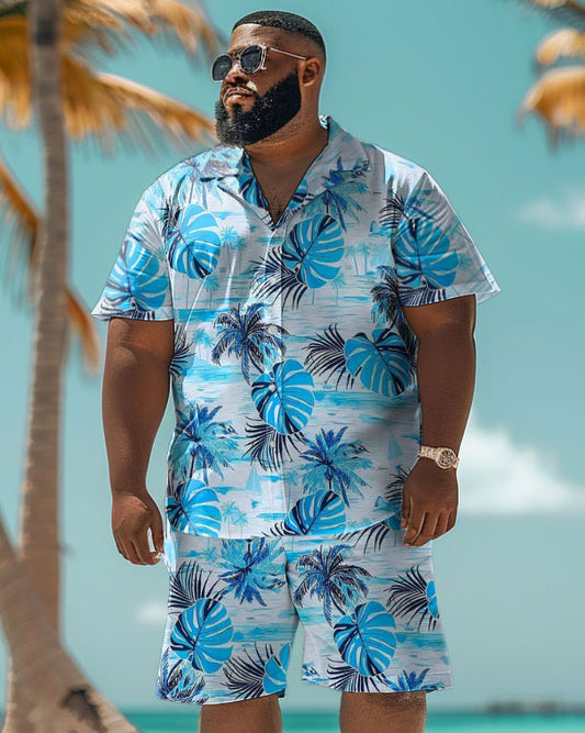 Men's Plus Size Hawaiian Tropical Leaf Print Shirt Shorts Suit