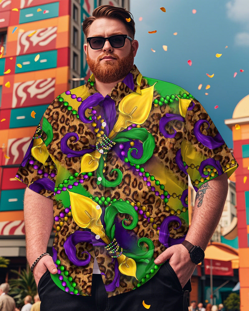 Men's Plus Size Carnival Leopard Flower Print Short Sleeve Shirt