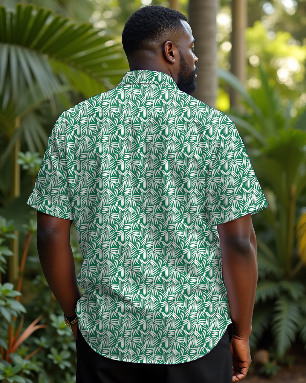 Men's Plus Size Abstract Geometric Leaf Silhouette Green Lapel Short Sleeve Shirt