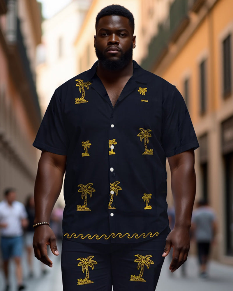 Men's Plus Size Hawaiian Fluorescent Black Coconut Casual Cuban Collar Short Sleeve Shirt Shorts Suit