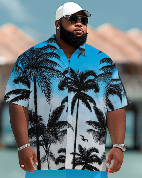 Men's Plus Size Hawaiian Gradient Coconut Tree Print Short Sleeve Shirt Shorts Suit