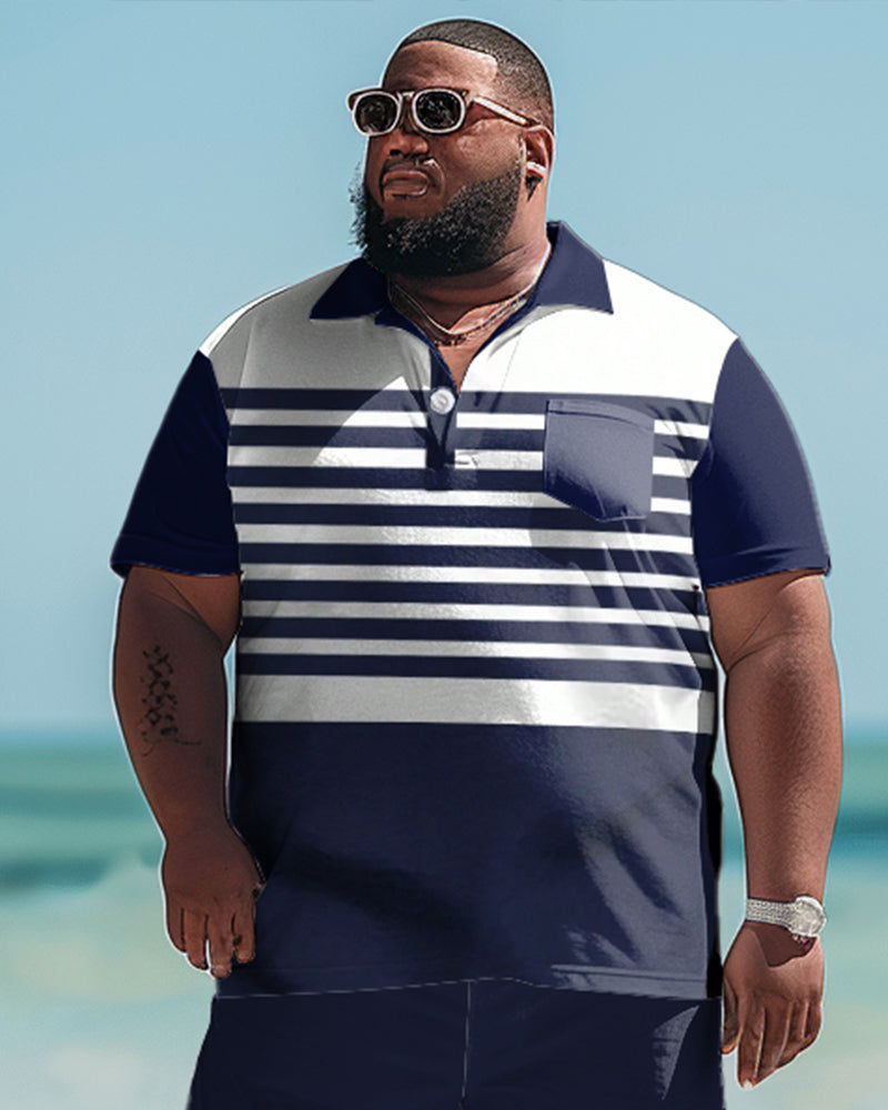 Men's Plus Size Versatile Simple Colorblock Polo Shirt Shorts Suit