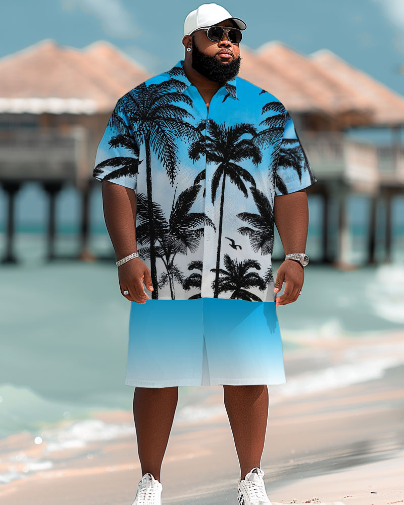 Men's Plus Size Hawaiian Gradient Coconut Tree Print Short Sleeve Shirt Shorts Suit