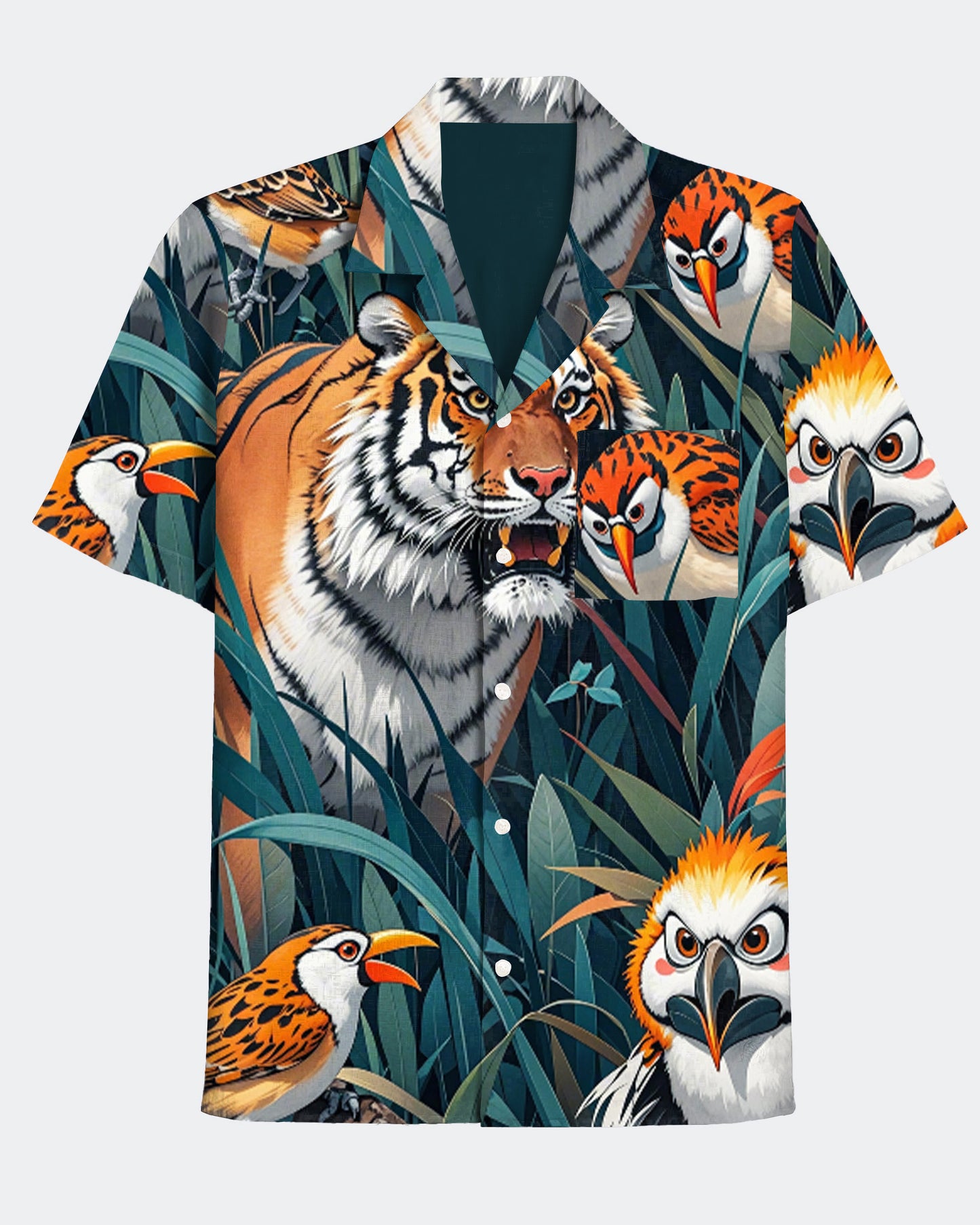 Men's Cartoon Tiger and Bird Print Hawaiian Cuban Collar Short Sleeve Shirt