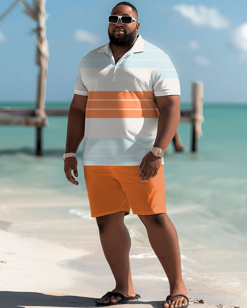 Men's Plus Size Casual Simple Colorblock Striped Polo Shorts Set