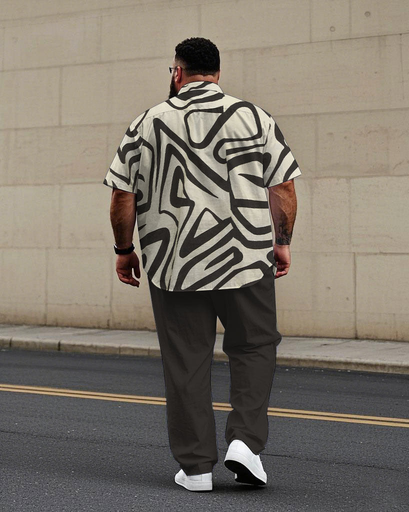 Personalized Line Color Block Geometric Short Sleeve Shirt Trousers Suit Men's Plus Size