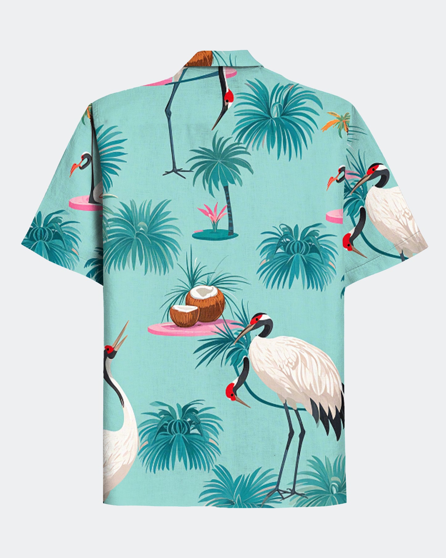 Men's Hawaiian Red-crowned Crane Coconut Print Short Sleeve Shirt