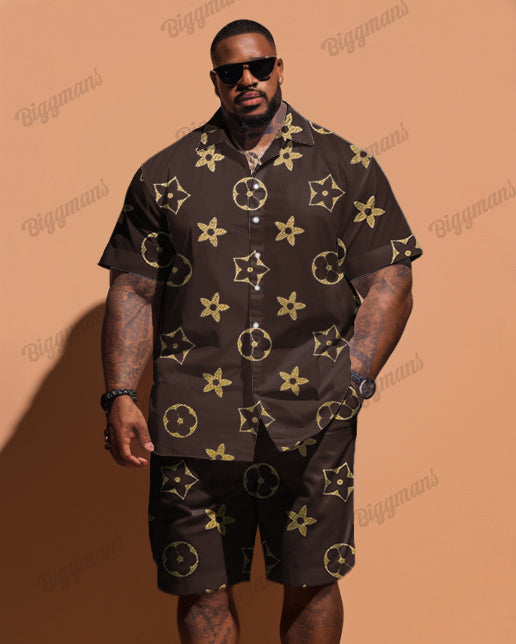 Men's Plus Size Gold Floral Print Short Sleeve Shirt Shorts Suit