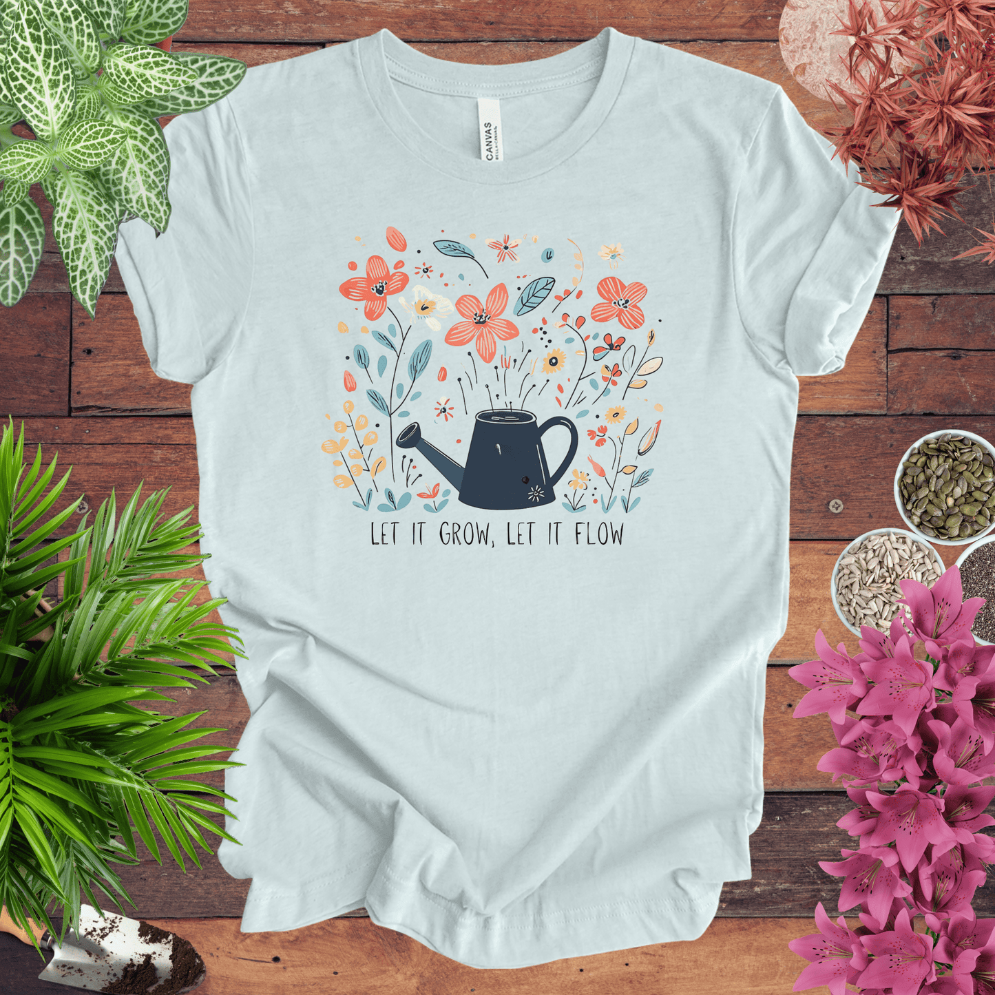 Whimsical Watering Can and Flowers T-Shirt